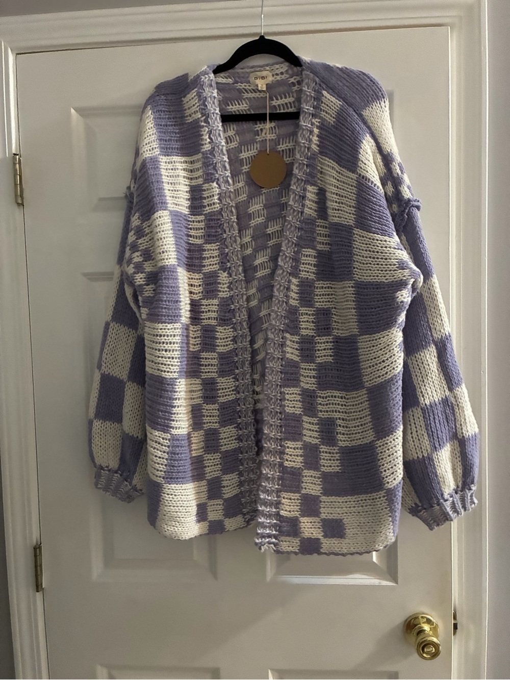 BiBi Lavender & Cream Checkered Open-Front Cardigan
